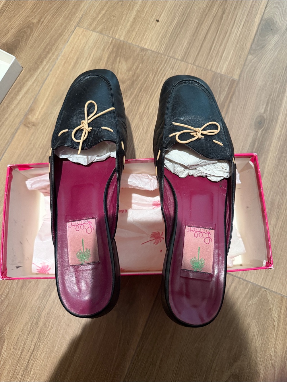 Lilly Pulitzer Black Leather Slip-On Loafers with Beige Bow